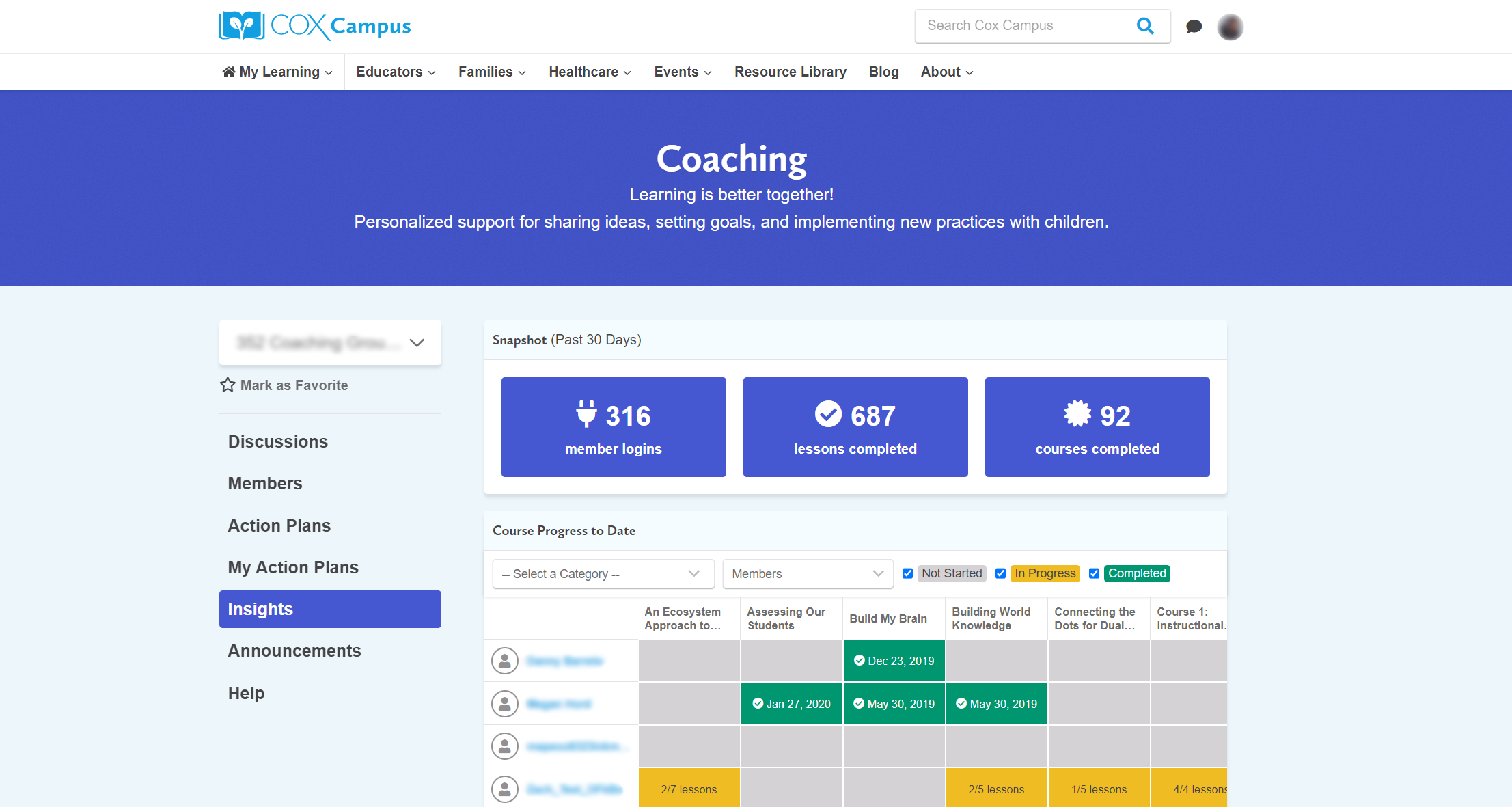 Coaching reporting interface