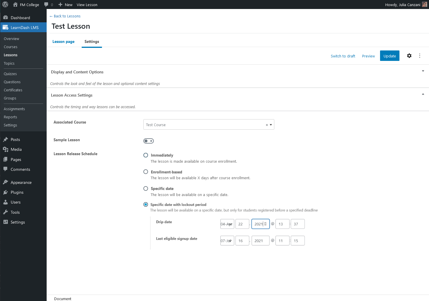 Screenshot showing lesson settings