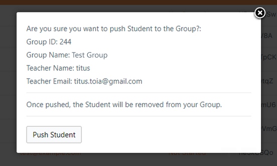 Group management showing a confirmation to push student