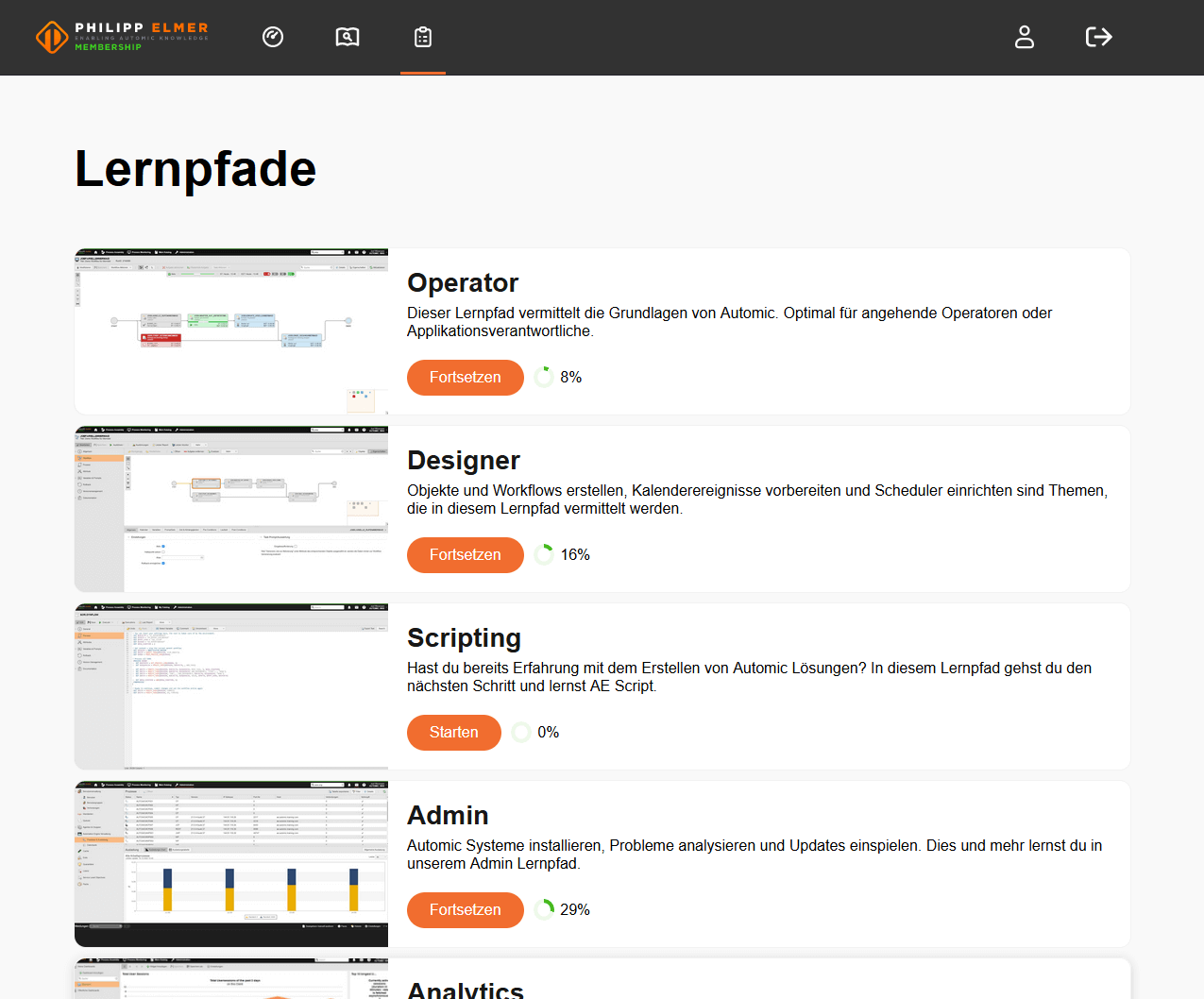 A screenshot of the new learning paths layout on the Philipp Elmer membership site