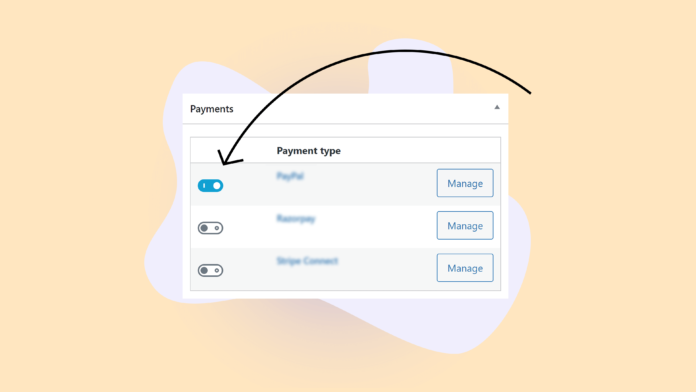 Arrow pointing to the LearnDash Payments interface toggle