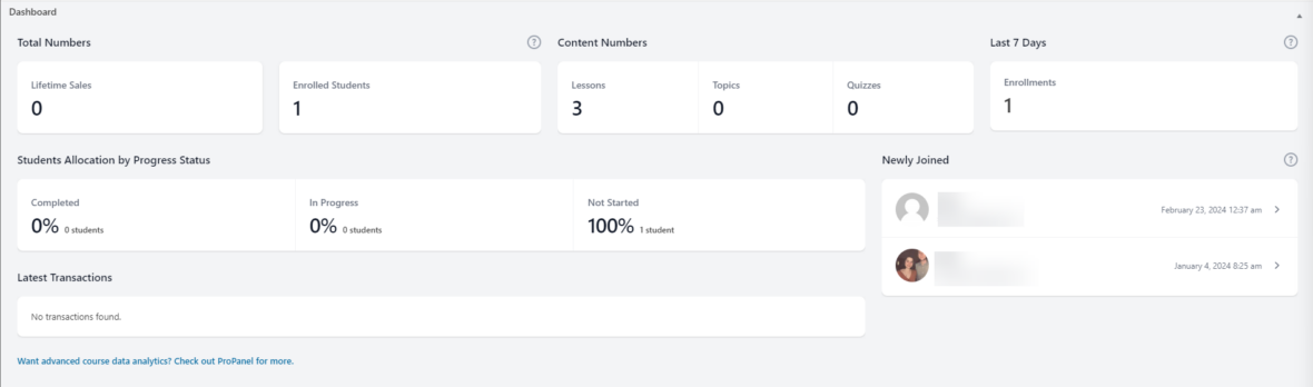 Screenshot of LearnDash's new course dashboard reporting interface
