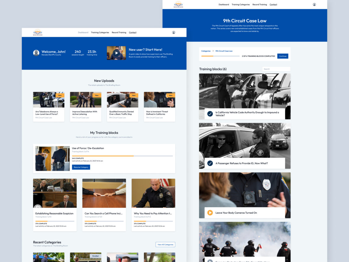 A side-by-side comparison of the LMS dashboard and course landing page, showcasing a clean and structured design for easy navigation and engagement.