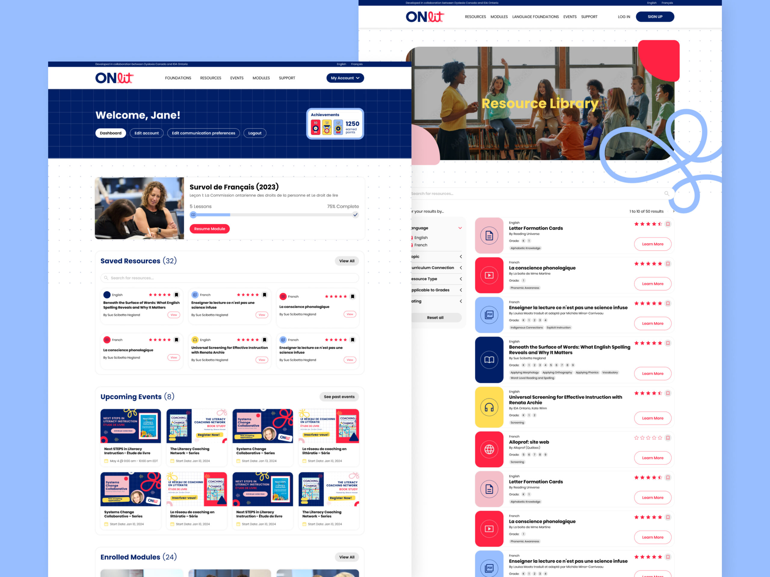 A side-by-side view of the LMS dashboard and resource library, providing educators with easy access to courses, materials, and tools.