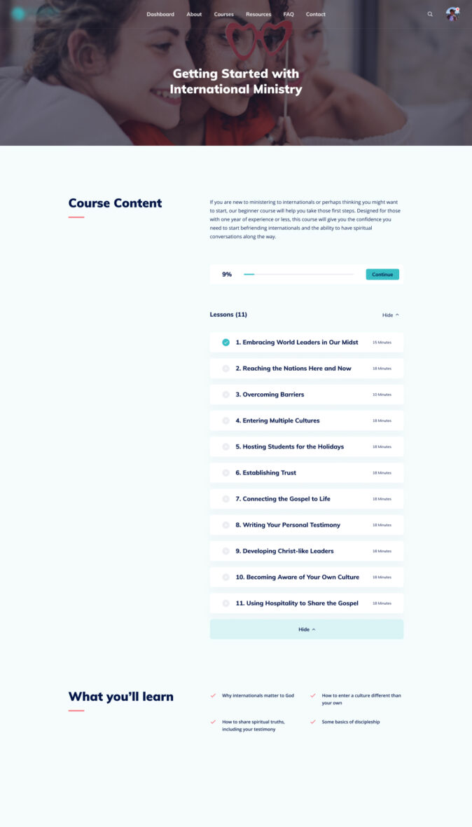 A detailed course landing page showcasing course information, instructor details, learning outcomes, and enrollment options.