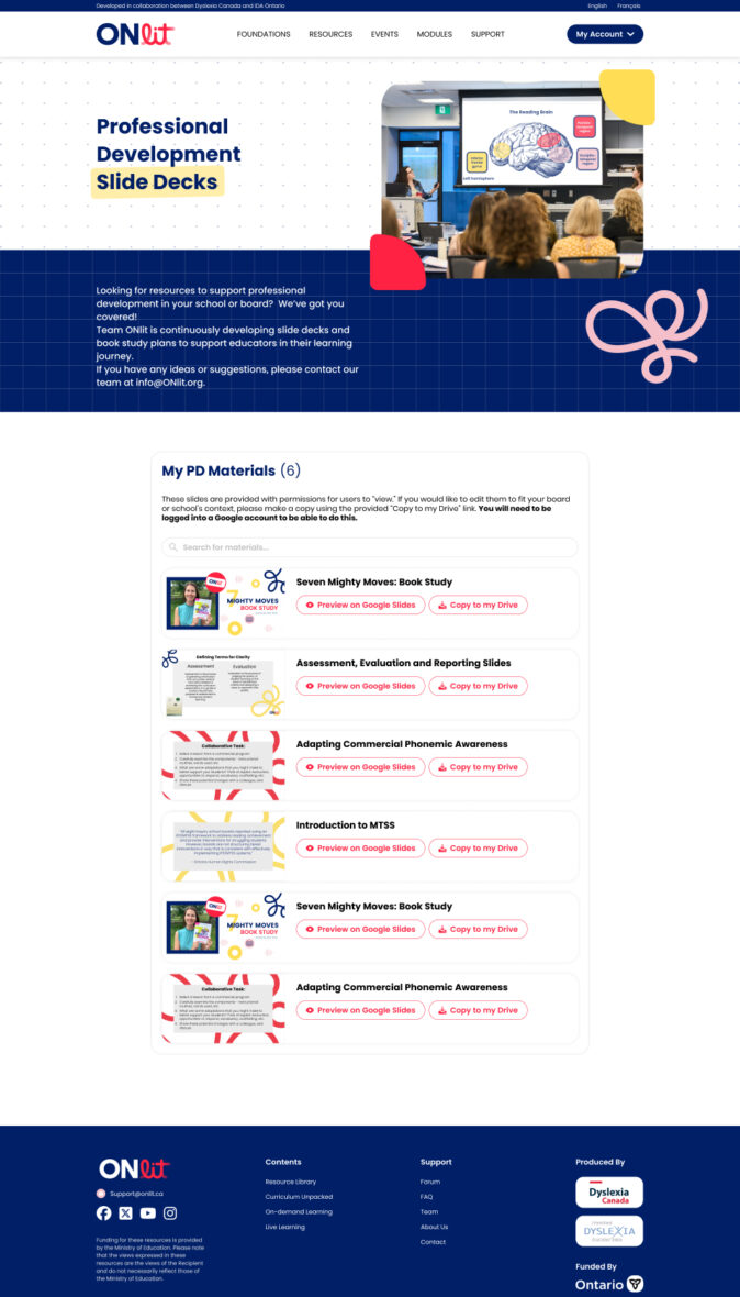 User dashboard displaying 'My PD Materials' section, providing access to personalized professional development resources.