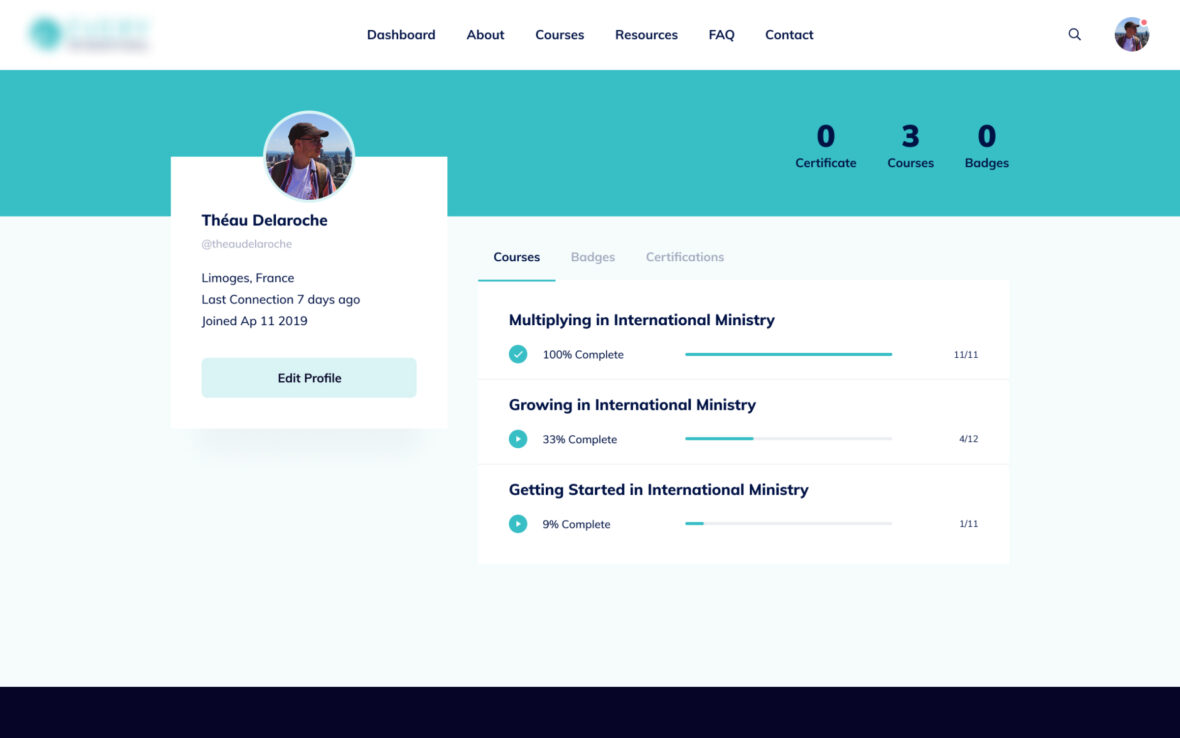 A personalized dashboard for users to manage their profile, track course progress, and access important learning materials.