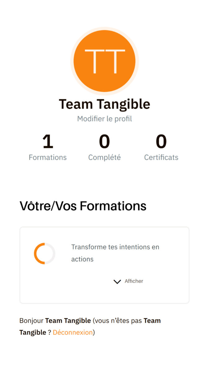 Intentions+ mobile account dashboard with user profile details, course progress, and access to personal settings.