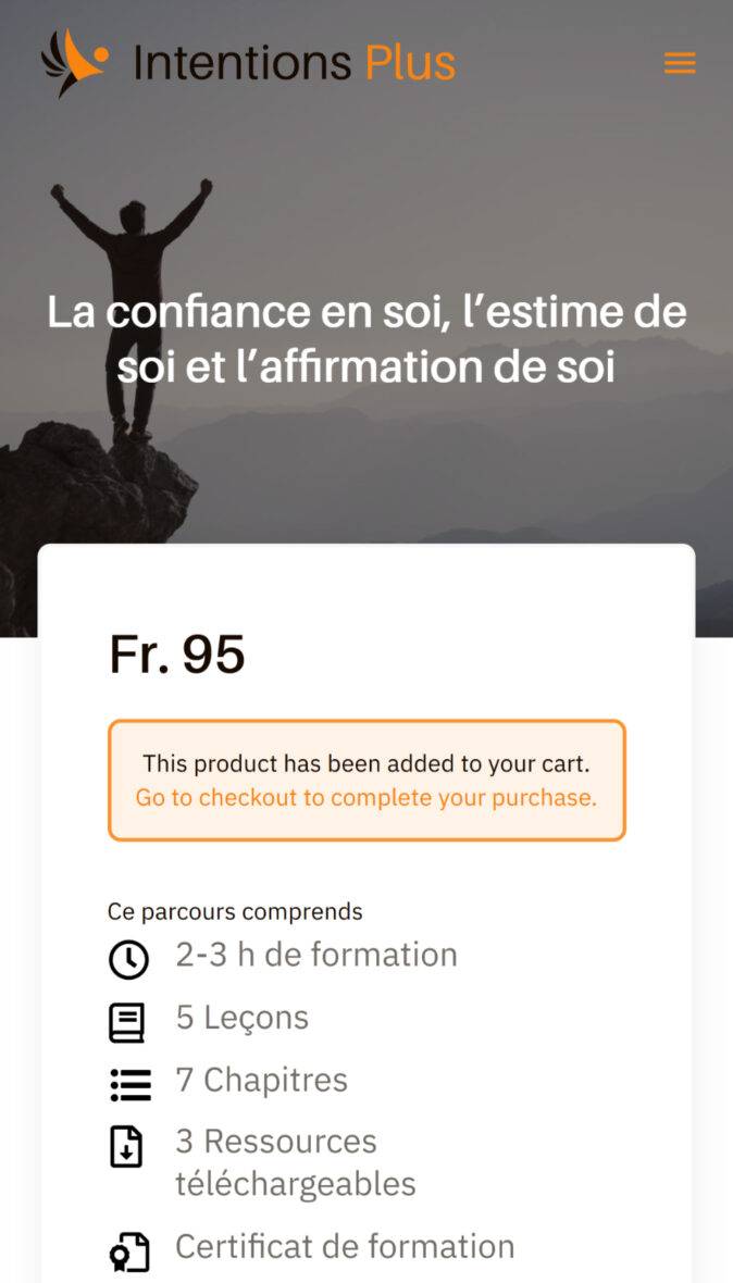 Intentions+ mobile course purchase page with course details, pricing, and a streamlined checkout process.