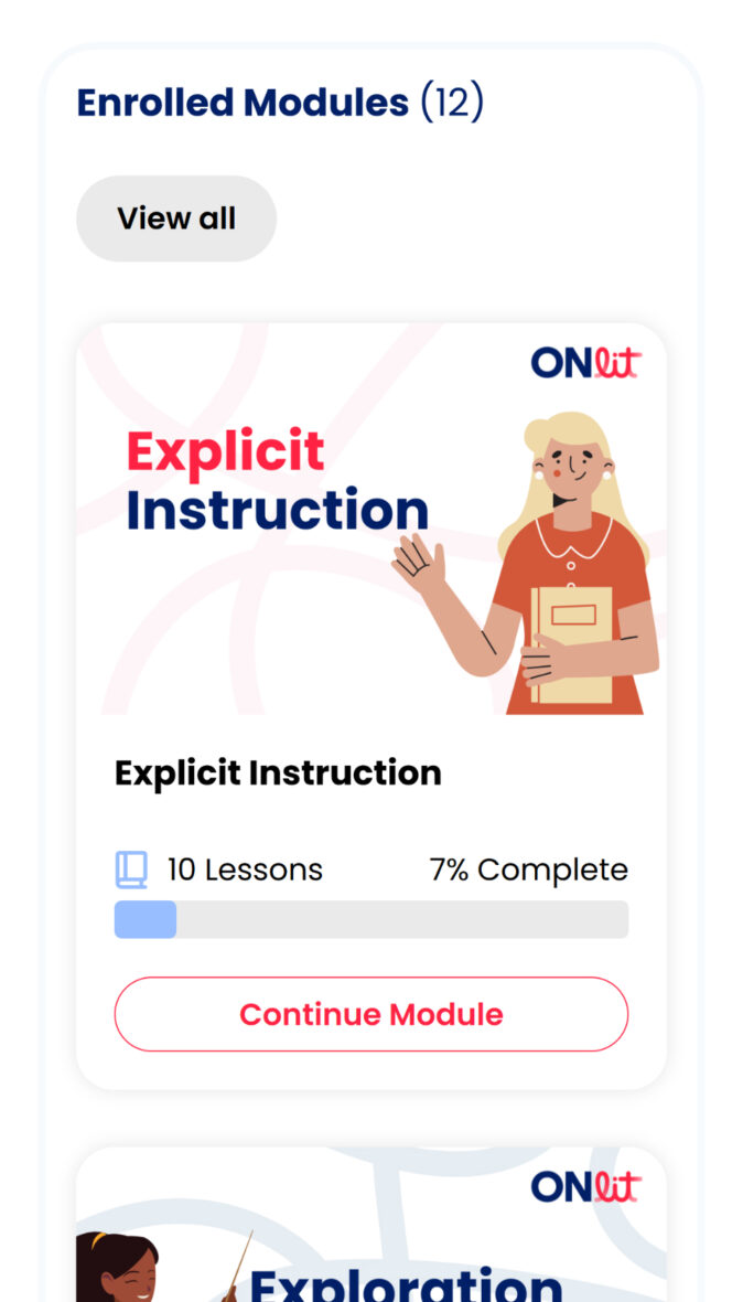 Mobile-optimized course modules displayed in an elegant card layout for easy selection and navigation.