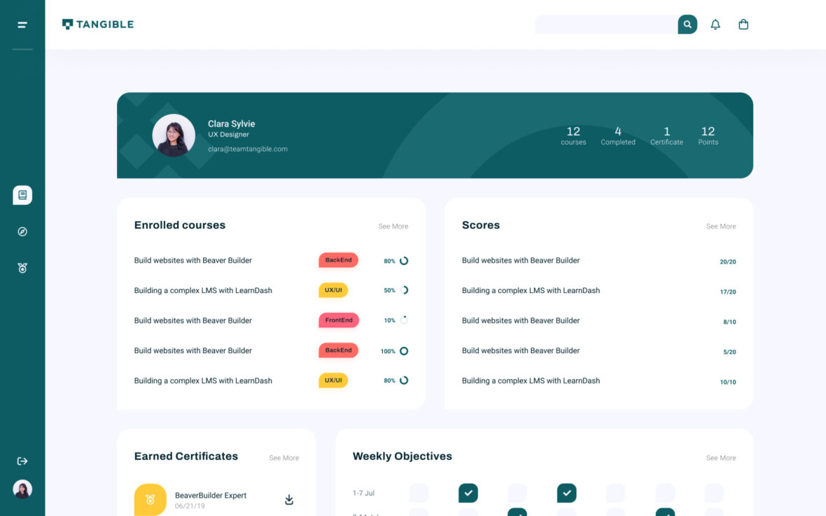 User dashboard displaying enrolled courses, progress tracking, and personalized learning insights.