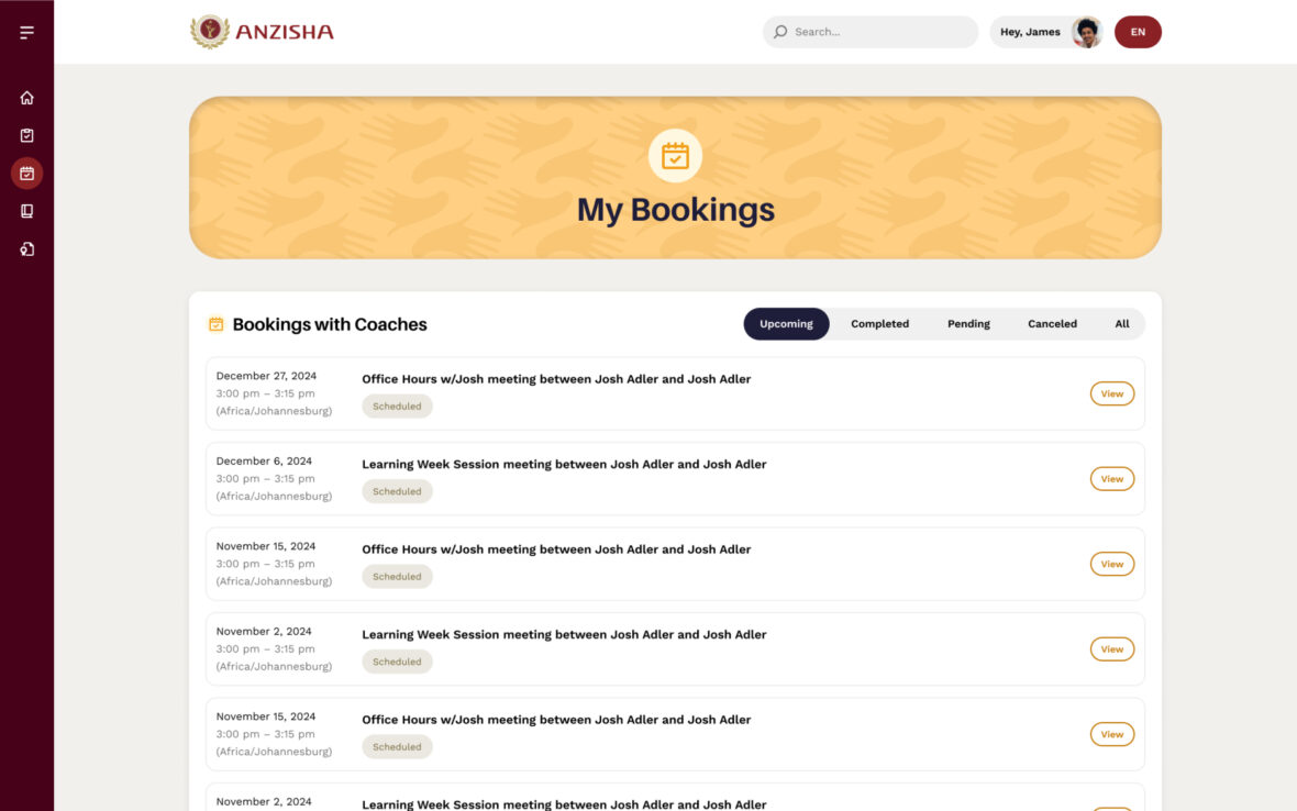 User's personal booking page, displaying scheduled sessions, upcoming meetings, and easy rescheduling options.