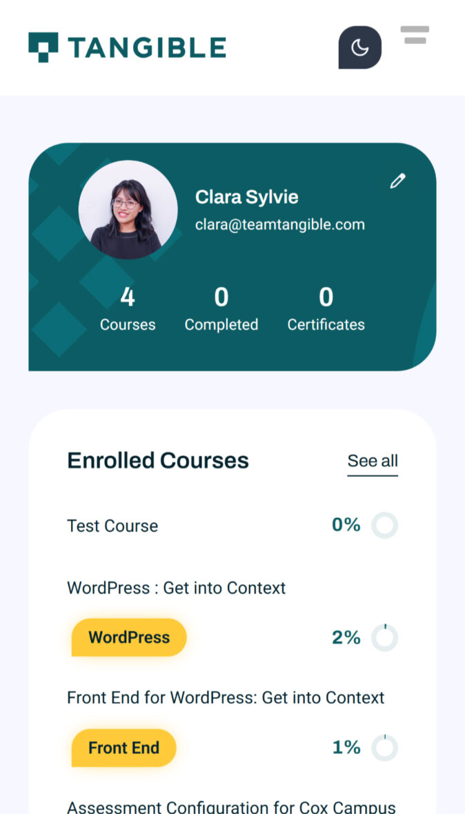 Responsive LMS dashboard on mobile, allowing seamless access to courses and learning progress on the go.