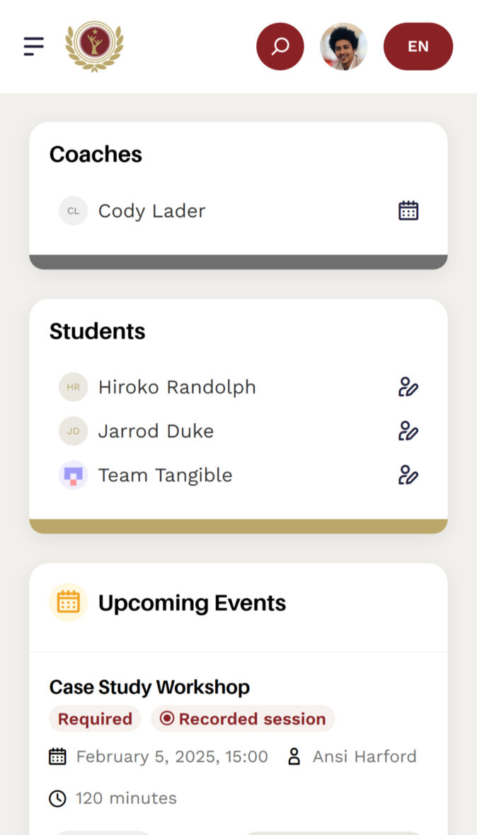 Mobile screenshot featuring the LMS dashboard section with access to coaches, student interactions, and upcoming events.